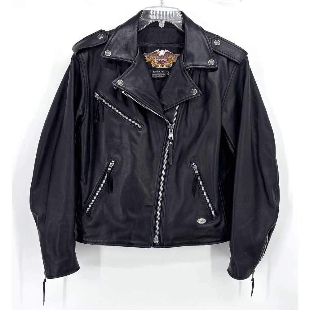 Harley Davidson Women's Medium Black Leather Motorcycle Biker Jacket Made USA